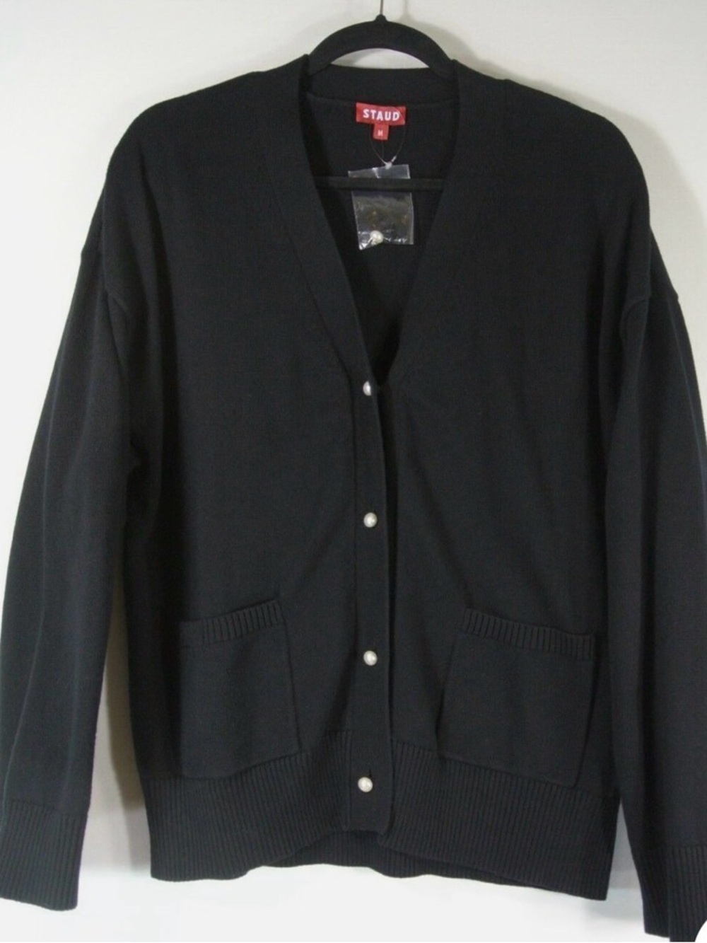 STAUD Paola Cardigan Women’s Black V-Neck Cardigan XS with Pearl buttons